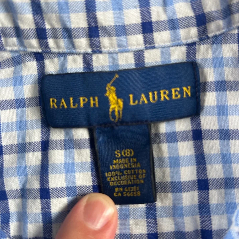Ralph Lauren Boys Blue White Plaid Cotton Button Down Shirt Size S 8